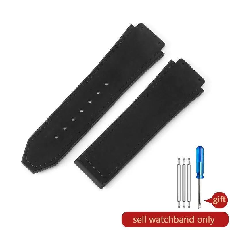 Men's Frosted Leather Watch Strap with Silicone Underskin, Convex Interface, 26x19mm