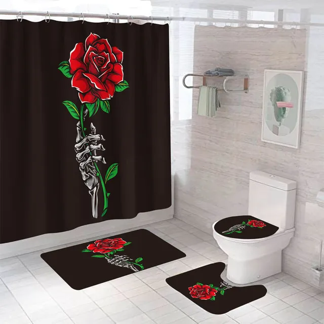 Rose Flower Shower Curtain Set Non-Slip Rugs Bath Mat Toilet Lid Cover and 12 Hooks Waterproof Polyester Bathroom Decor L-4pcs- Full Set