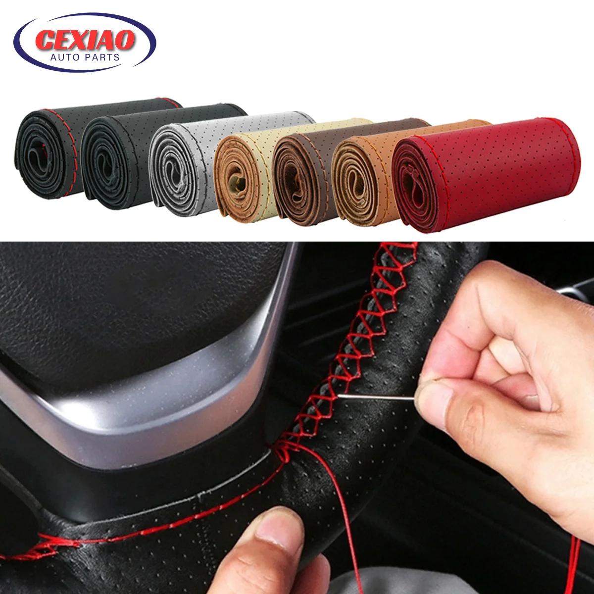 38cm Universal Auto Steering Wheel Cover Leather Steering Wheel Wrap With Better Sport Grip For
