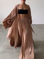 Sexy Solid Color Three-Piece Set 2025 Autumn Women Tube Top Beach Dress Crop Top Trousers Long Sleeve Cardigan 3 Piece Set A1642 - Image 2