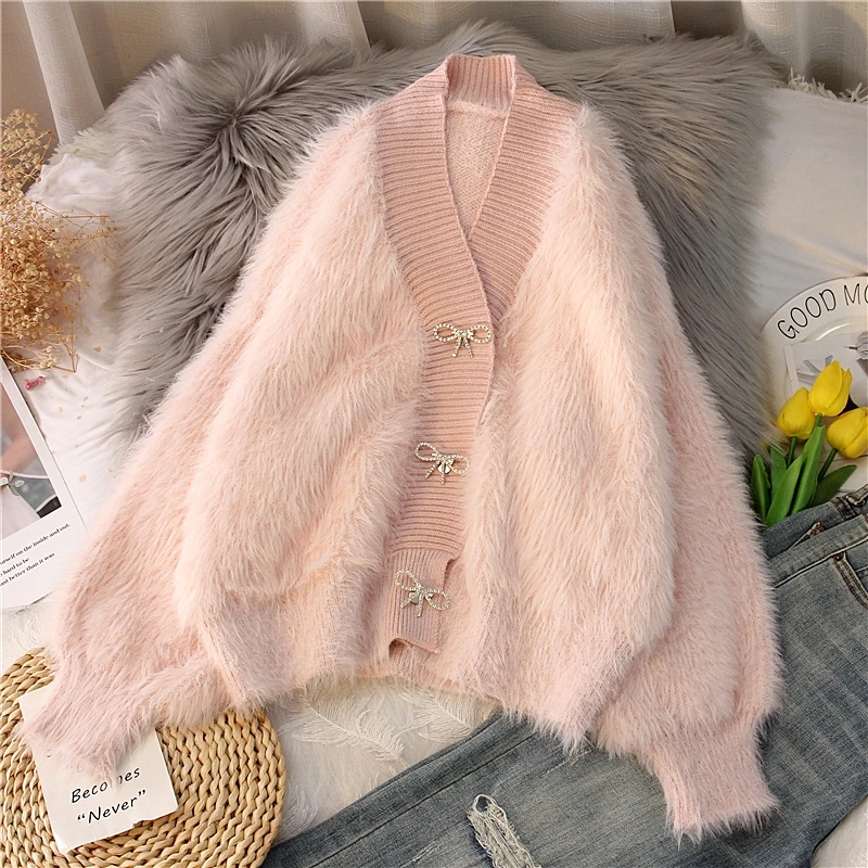 

Pink mink fluffy clothes women's coat autumn and winter women's new loose V-neck short sweater cardigan