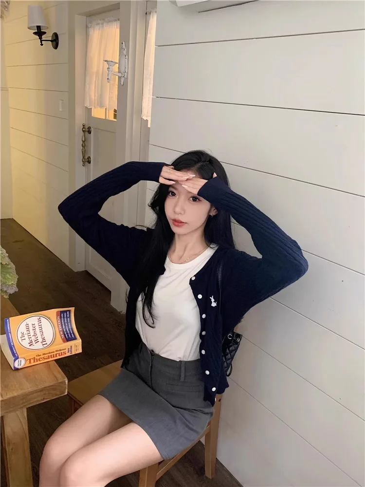 Navy blue rabbit embroidery 100% pure wool cardigan women's thin style long sleeved knitted sweater jacket unique and chic top