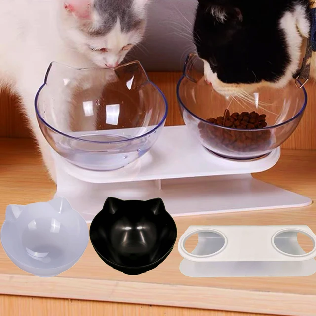 Double Cat Feeding Bowl PC Plastic Cat Shape 2 Cat feeder Container 15 Degree Tilted Pet Inclination Stand Cats Feeding Bowl 2