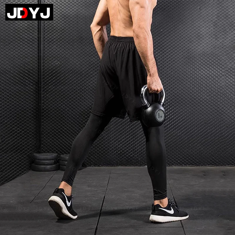 JDYJ High elasticity fake two-piece gym fitness pants, running breathable and loose fitting training, sports tight pants for men