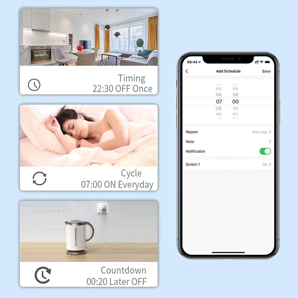 WiFi 연결 소켓 타이머 및 카운트다운 기능이 있는 지능형 소켓 전구 냉장고용 16A 어댑터 플러그