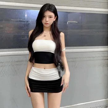 Pure Desire Slimming Short Crop Top + High Waist Versatile Mini Skirt Set Women's Polyester Fiber Fashionable Body S 1