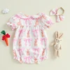 Toddler Easter Dress Bunny Print Ruffle Sleeve Romper with Matching Headband and Bow Detail for Baby Girls 1