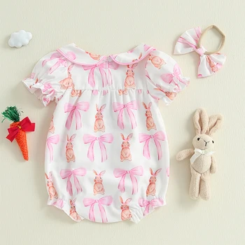 Toddler Easter Dress Bunny Print Ruffle Sleeve Romper with Matching Headband and Bow Detail for Baby Girls 1