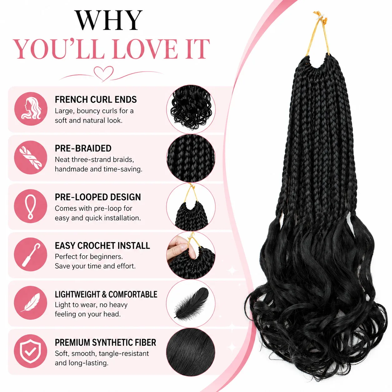 Boho French Curl Crochet Hair Extensions - Three Strand Goddess Braids with Curly Ends