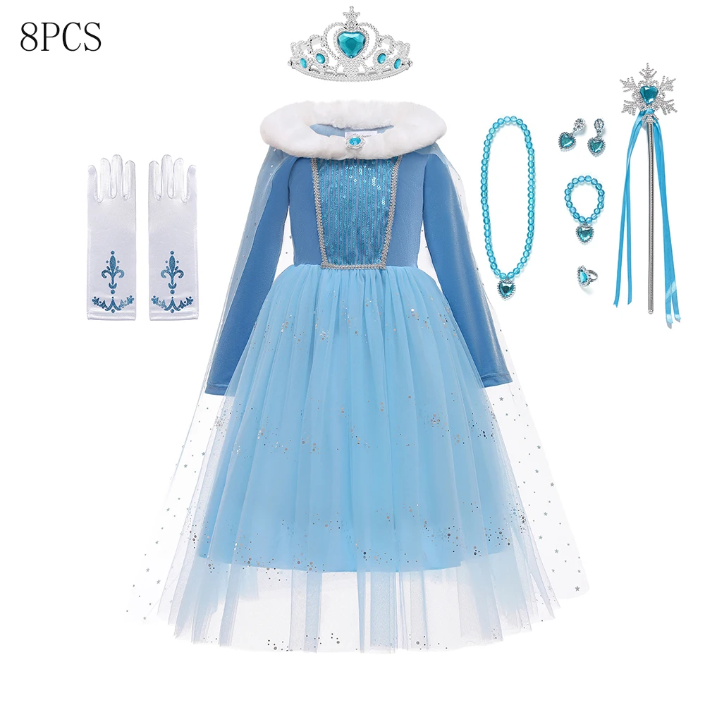 Disney Frozen 2 Elsa Costume For Baby Girl Fur Collar Sequins Princess Dress Fancy Birthday Party Dress Up Vestido Carnival 3-8Y