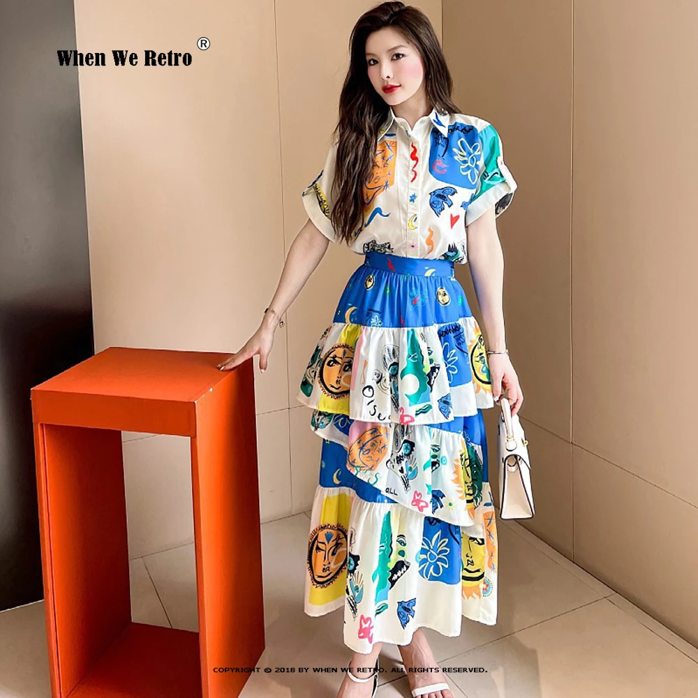 

New Designer Fashion Women Skirt Set Turn-Down Collar Cartoon Letters Print Top+ Long Skirt Elegant Party Vacation Set VP0127