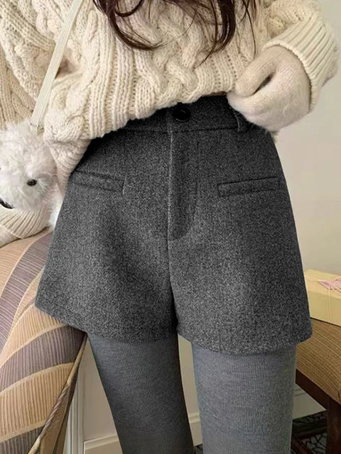 Women's 2025 Winter Thick Wool Blend Shorts - Korean High Waisted Slimming Bodycon 3/4 Booty Shorts