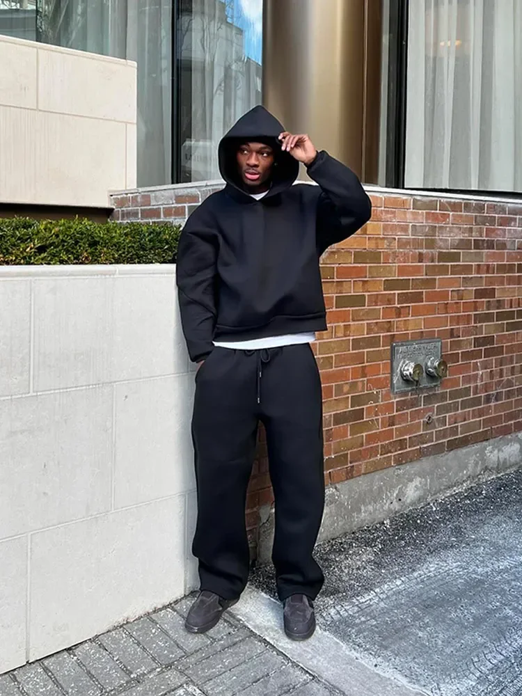 Hoodie Baggy Black Sweats 2-Piece Hoodies Set Solid Color Pullover