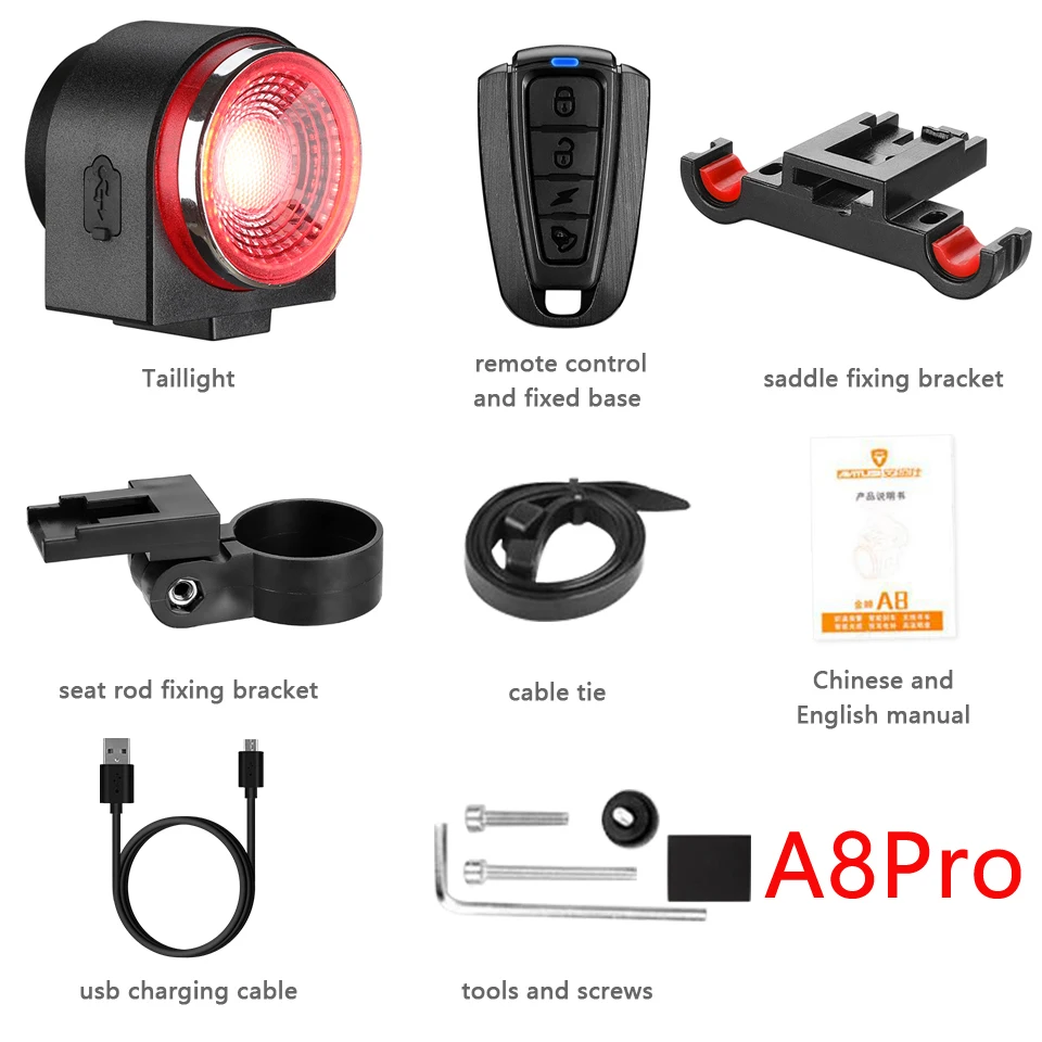 Elecpow A8Pro Bike Alarm Taillight USB Charging IPX65 Waterproof Bicycle Rear Light Brake Sensing Bicycle Lamp Anti Theft Alarm