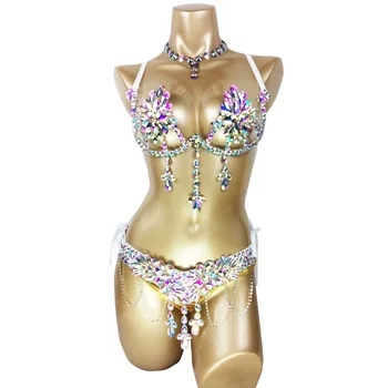 Samba Carnival Costume Rhinestone Women Sexy Lingerie Bra Top Waist Belt Panty Oriental Dancer Stage Wear Luxury Performance