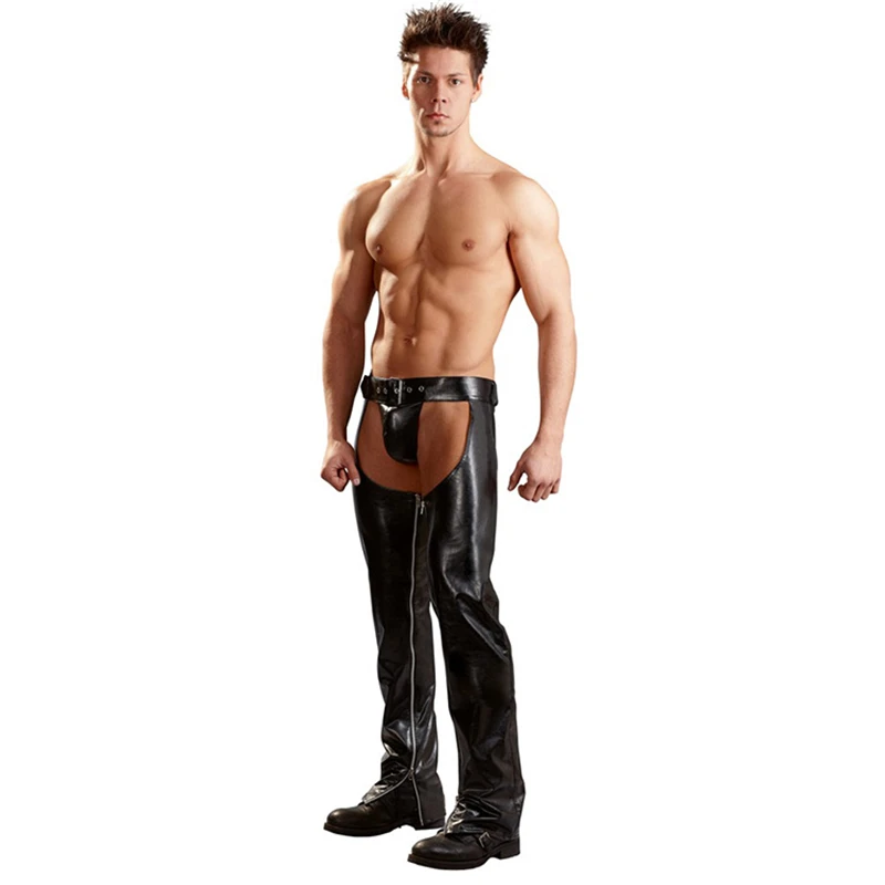 Men Leather Chaps Fetish Men Latex Wetlook Crotchless Chaps Faux Leather Open Crotch Gay Pants with Thongs Sexy Adult Wear Sissy Lingerie for Man