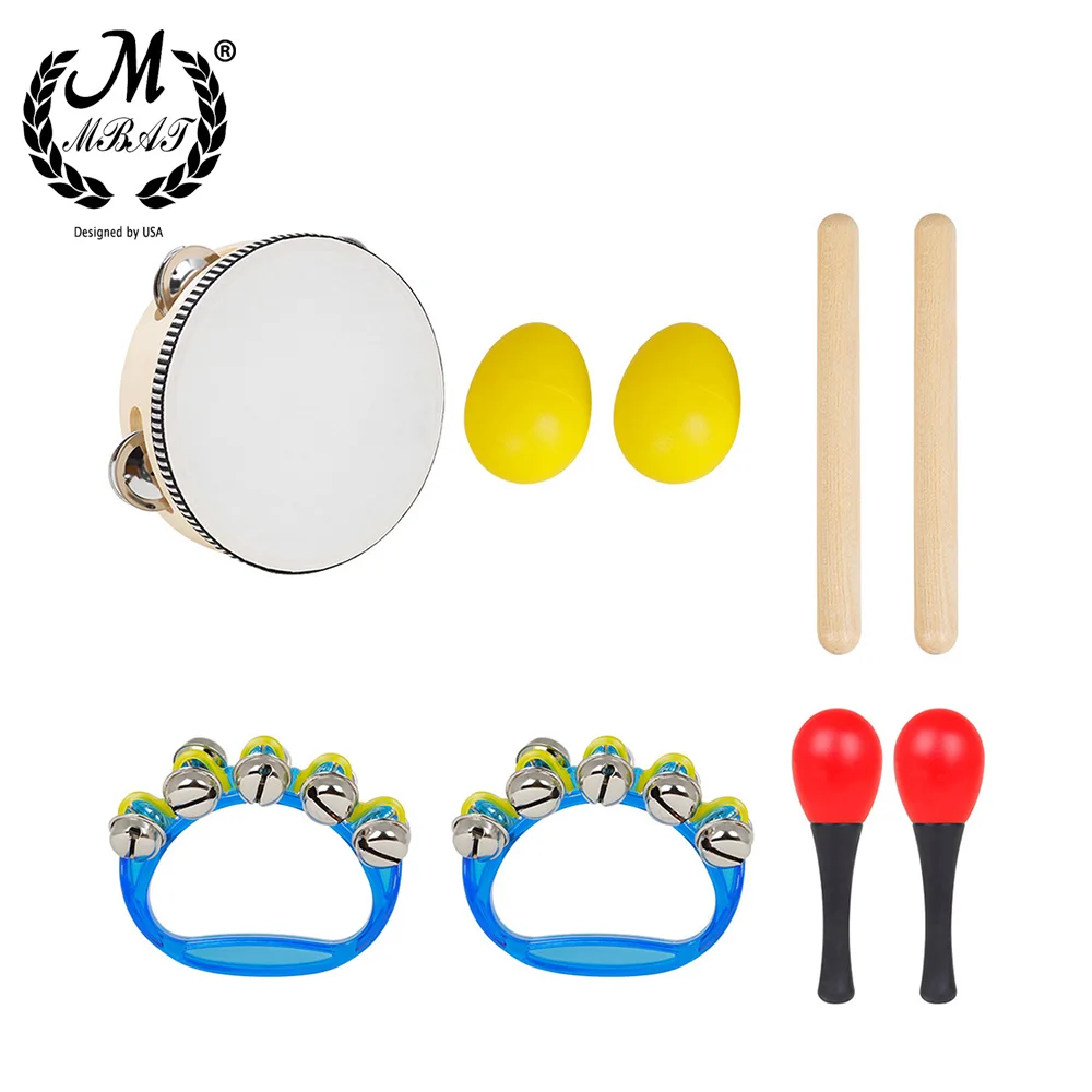 M MBAT 5Pcs Set Orff Instrument Set 6 Inch Black Lamb Chop Tambourine Sand Egg Rhythm Stick Children's Percussion Instrument