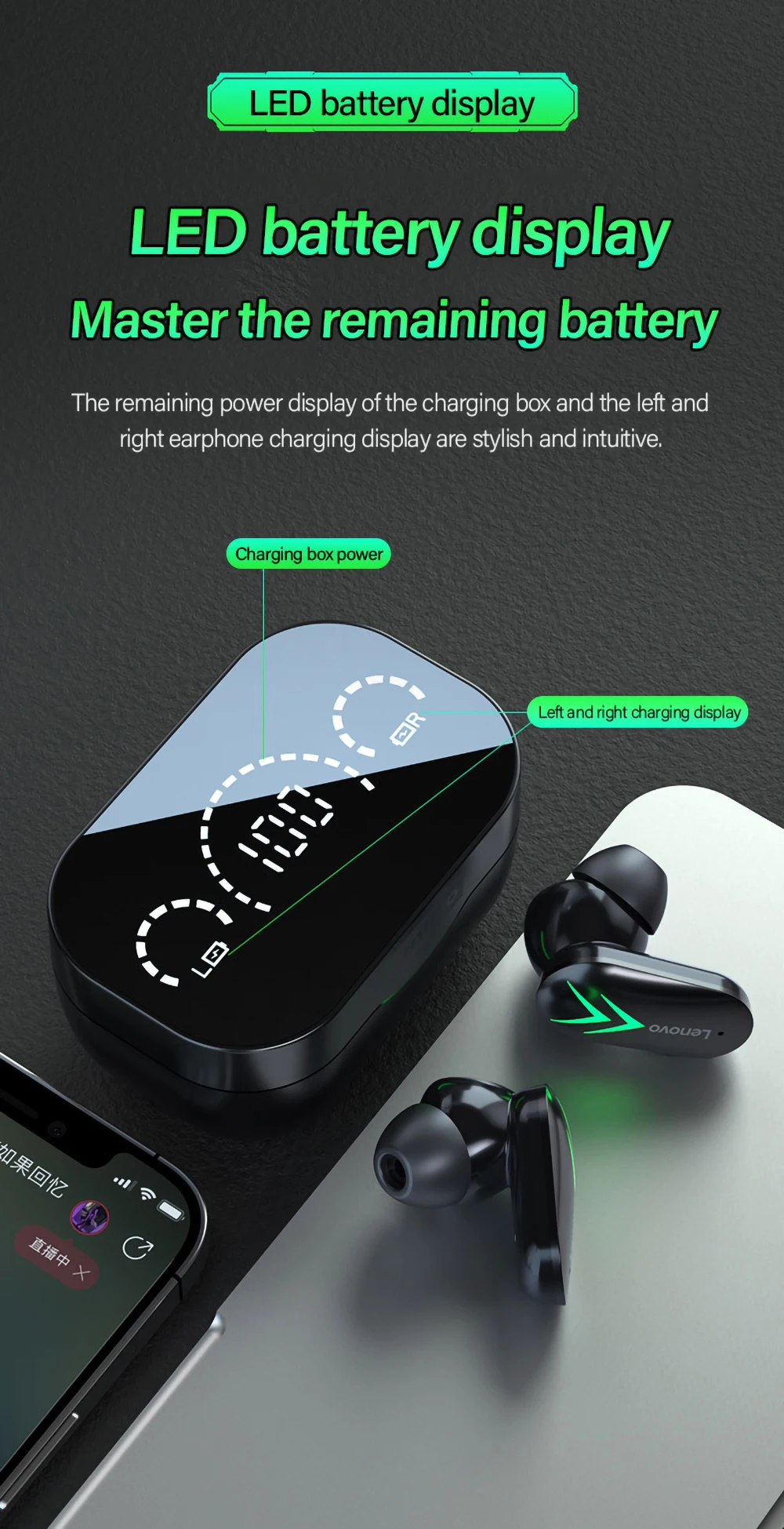 Lenovo XT82 Wireless Bluetooth Headset Mini Game Gaming Power Display Super Long Battery Life Eat Chicken Without Delay