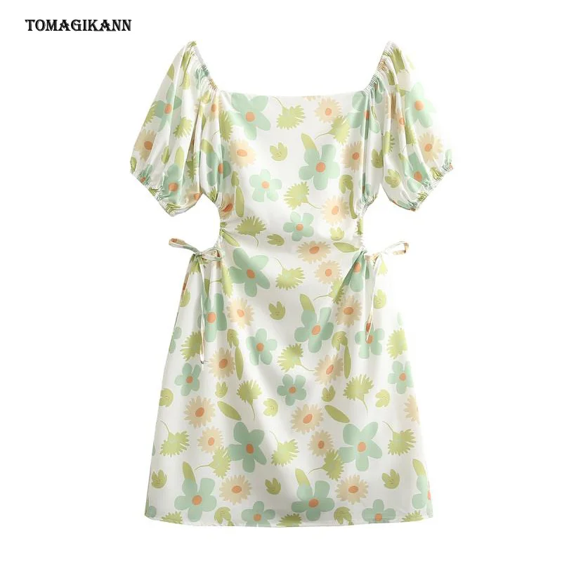

Women Hollow Out Mini Dress Floral Print Short Sleeve A Line Dress Summer Ladies Square Collar Sundress Vestido
