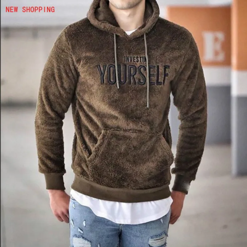 Autumn Winter Men Warm Plush Fleece Hoodie Sweatshirts Casual Long Sleeve Letter Print Hooded Pullover Teddy Tops Fashion Street