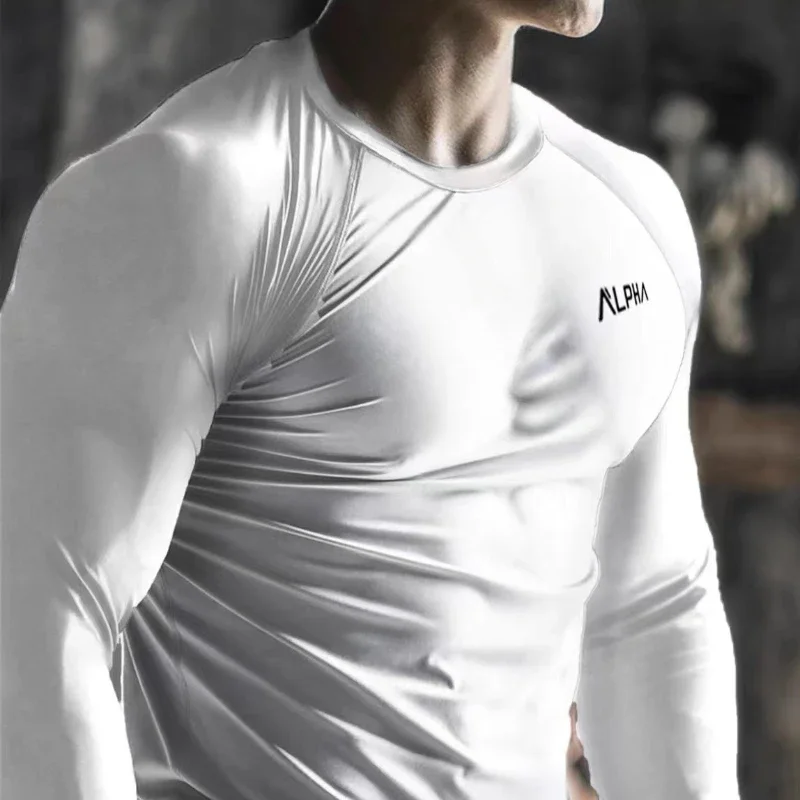 Vestiti maschili top in poliestere elasticità magliette Slim Fit per uomo palestra nera stretto Running Harajuku Fashion Bulk Full Sleeve Tee F - immagine 6