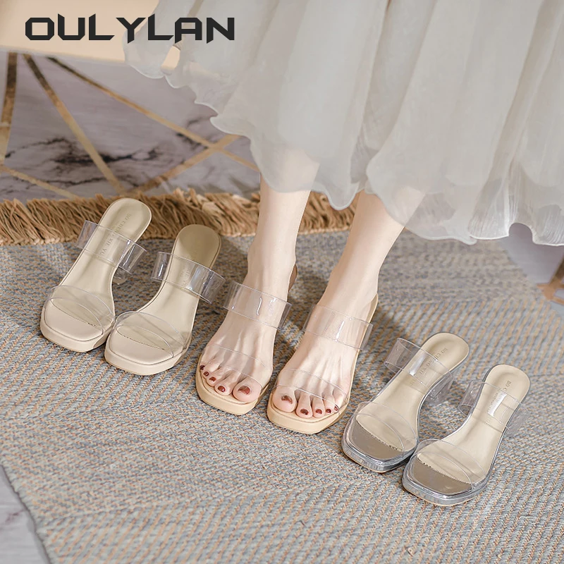 

Женские летние туфли из овечьей кожи, прозрачные сандалии на высоком каблуке, уличные сандалии из ПВХ с кристаллами на толстом каблуке, 2024