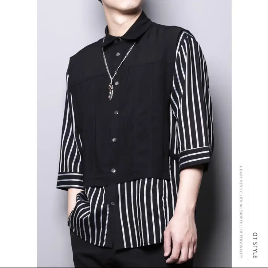 

Spring Tooling Design Fake Two Stripes Spell Personality Hair Stylist With Loose Half Sleeve Shirt Singer Performercoutumes