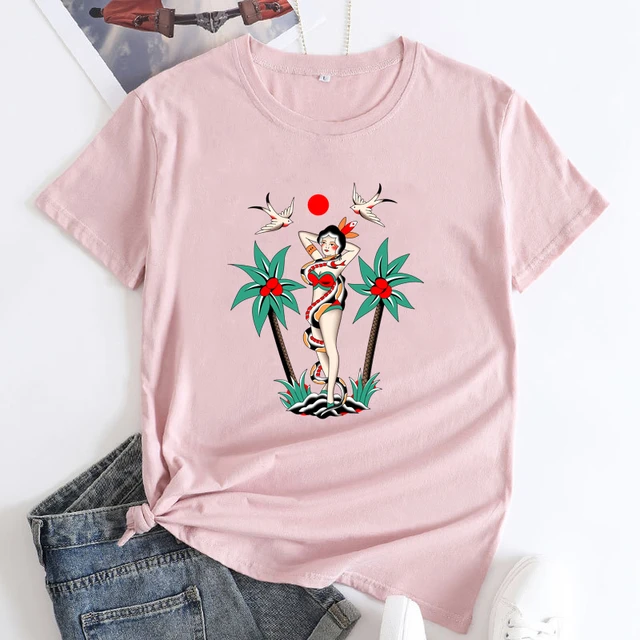 Retro Rockabilly Pin-Up Lady Beach Shirt Aesthetic Women Summer Vacation  Tshirts Street Style Graphic Vacay T-shirt Tops - AliExpress