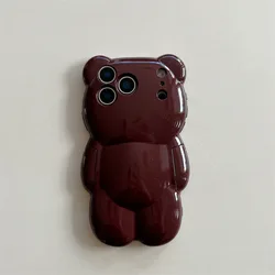 Stylish Cartoon Bear Solid - Color Phone Case in Dark Red - Brown - iPhone 15 Pro Max (Red)