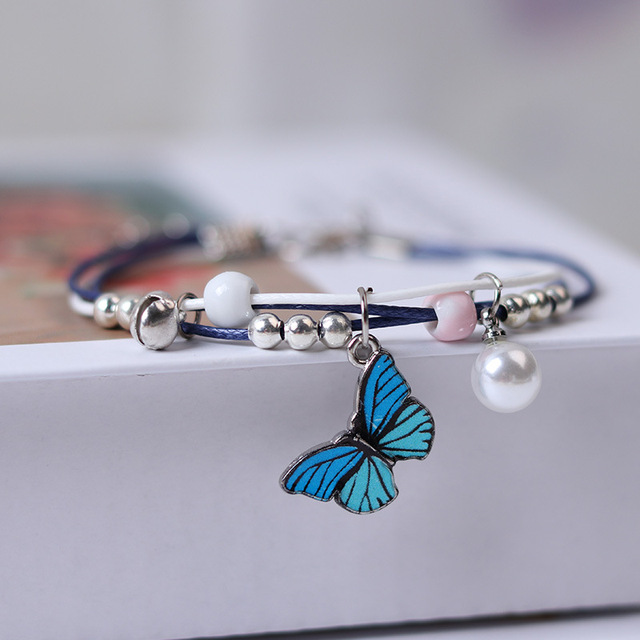 Blue Purple Butterfly Charms Bracelet Rope Braided with Bell Adjustable Bracelet Women Friendship Bracelet Jewelry Gifts