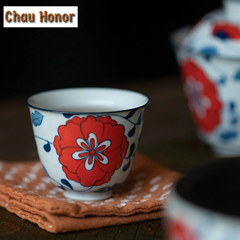 2pc/Set 45ml Pure Hand-painted Peony Flower Art Tea Cup Blue And White Small Ceramic Single Master Cup Household Kung Fu Teaware