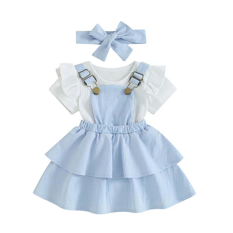 

Toddler Baby Girls 3 Piece Outfit Short Sleeve Ribbed Romper Layered Suspender Dress Headband Set