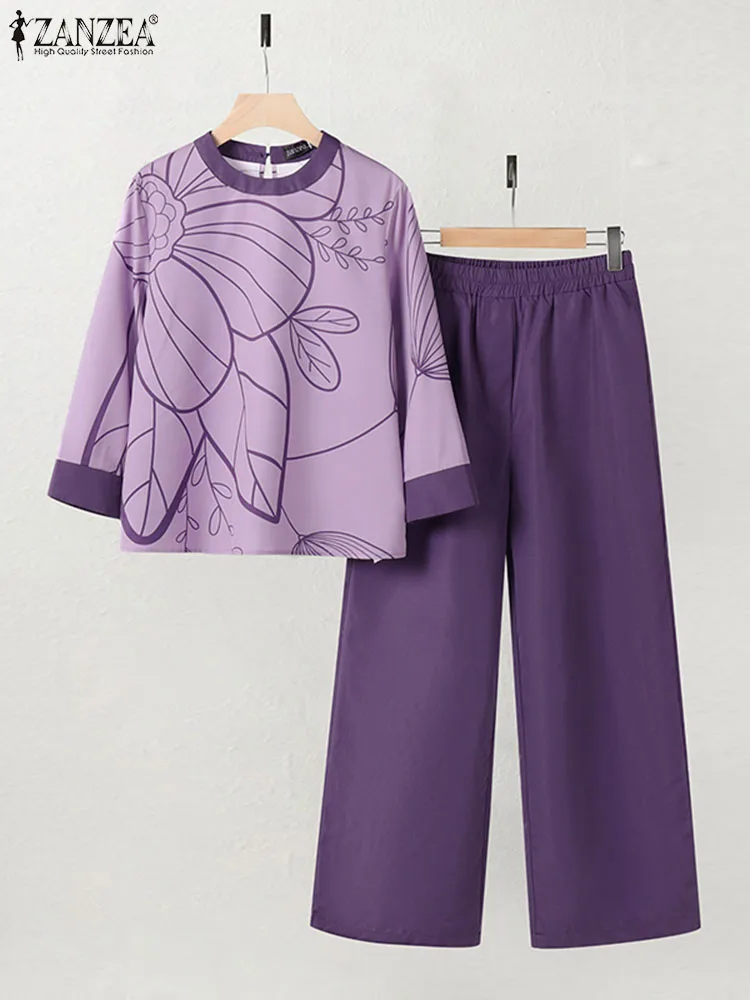 ZANZEA Fashion Summer Women Pant Sets 3/4 Sleeve Floral Print Blouse Trousers Suit 2pcs Bohemain Work Tracksuits Two Piece Sets