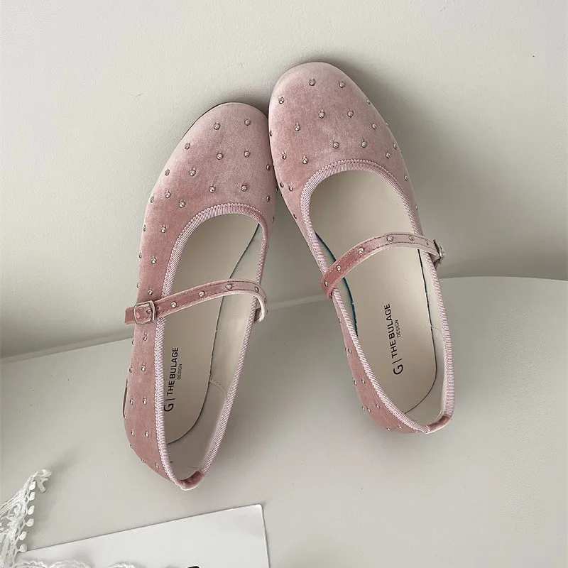 Rivet Decor Velvet Mary Janes Shoes Women Round Toe Elegant Ballet Flats Shoes Ladies Buckle Strap Spring Autumn Loafers New 2