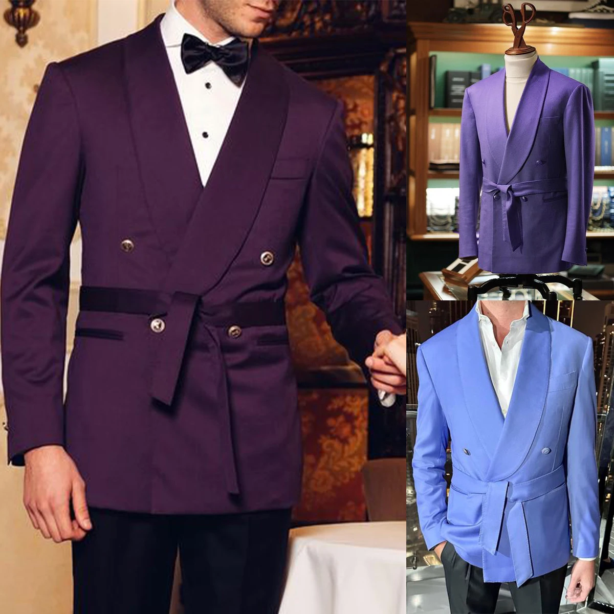 Fashion Men Suits Tuxedo Shawl Lapel Double Breasted Belt Pockets 2 Pieces Blazer Pants Tailored Groom Handsome