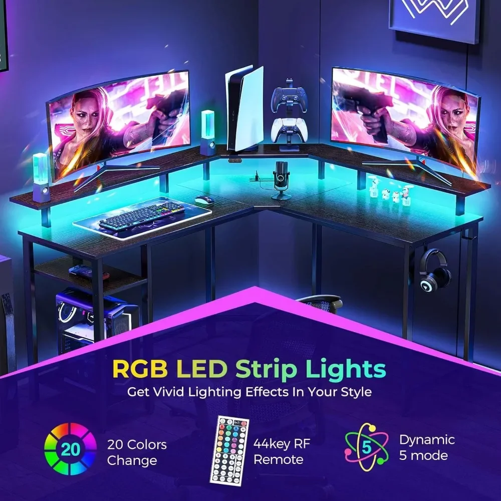 New2025-L Shaped Gaming Desk with LED Lights & Power Outlets, 46.2" Computer Desk with Full Monitor Stand & Storage Shelf, Corne