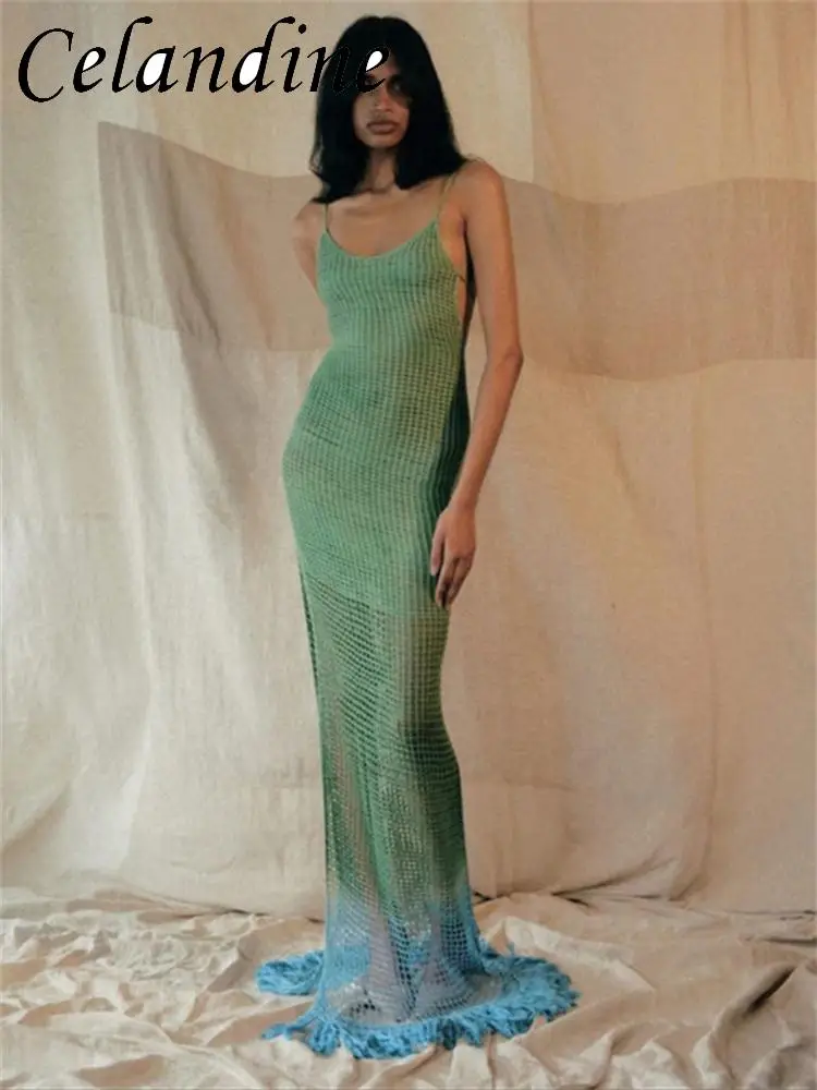 

Celandine Knit Tassel Tie Dye Bandage Backless Maxi Dress Hollow Out Sexy Slip Long Dresses Beach Vacation Summer Women Outfits