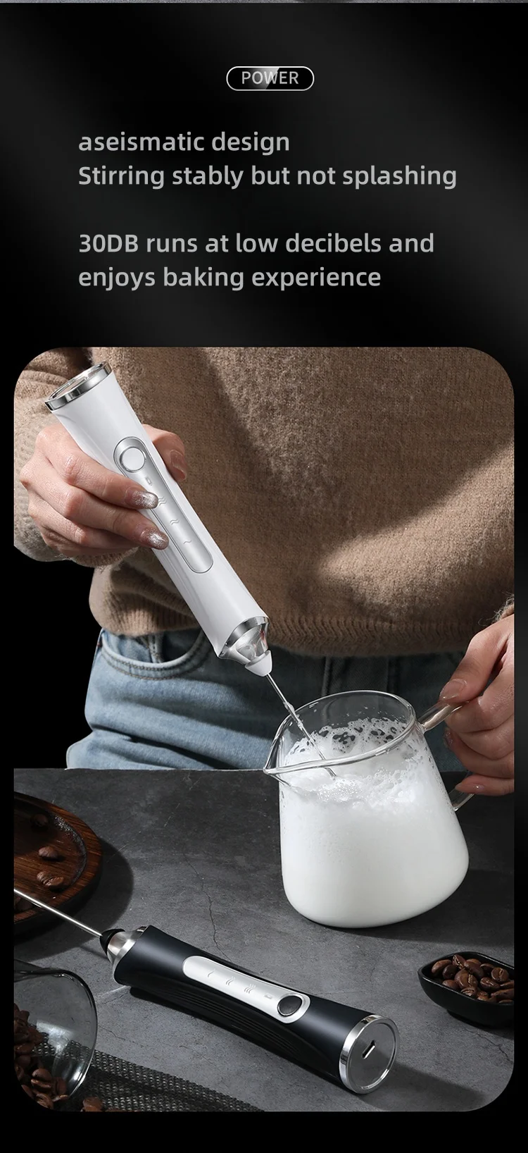 Description Picture 3 of item2024 New Hand-Held Wireless Electric Milk Foam Machine 3-Gears Adjustment High-Fficiency Motor Durable 304 Stainless Steel Mixer