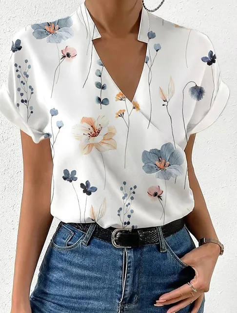 Blusa Elegante Impressa com Mangas Curtas
