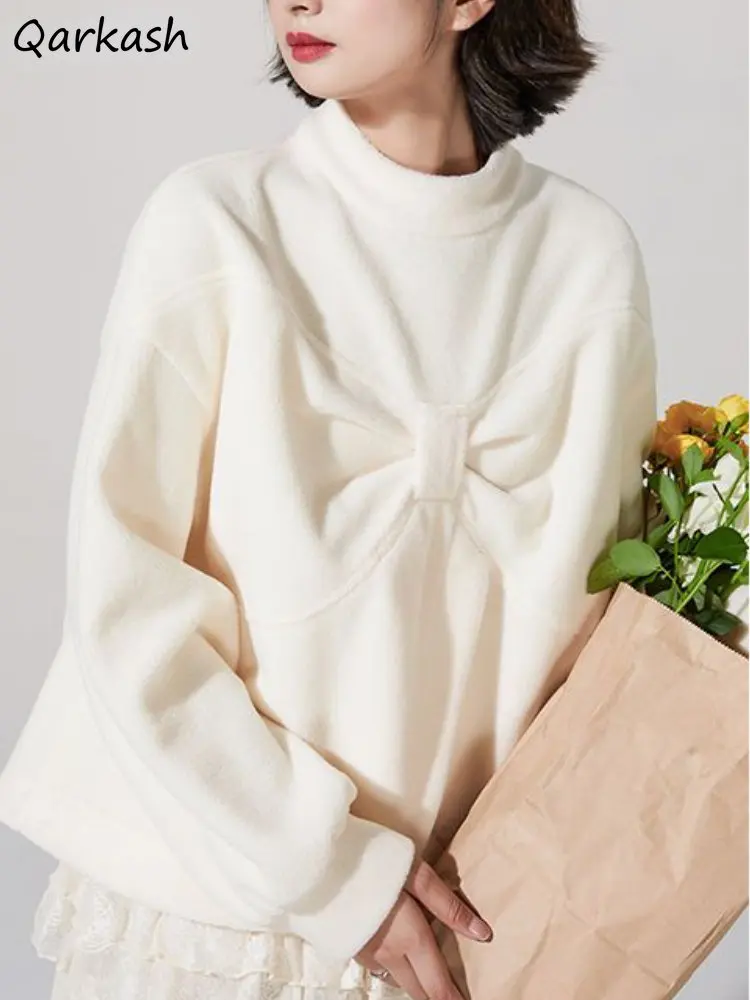 

Women Sweatshirts Apricot Design Big-Bow Kpop Clothes Gentle Winter Minimalist Aesthetics Sweet Preppy Kawaii Girlish Warm Chic