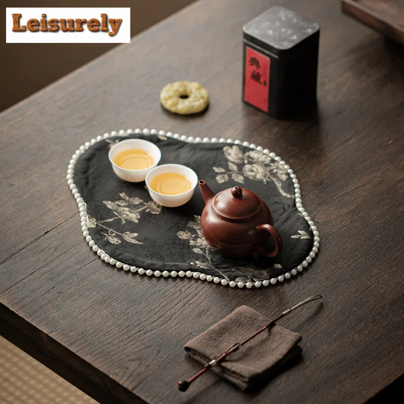 Brocade Plum Blossom Embroidery Tea Table Mats Elegant Drink Coaster Household Dinner Table Cloth Mat Cha Equipment Decoration