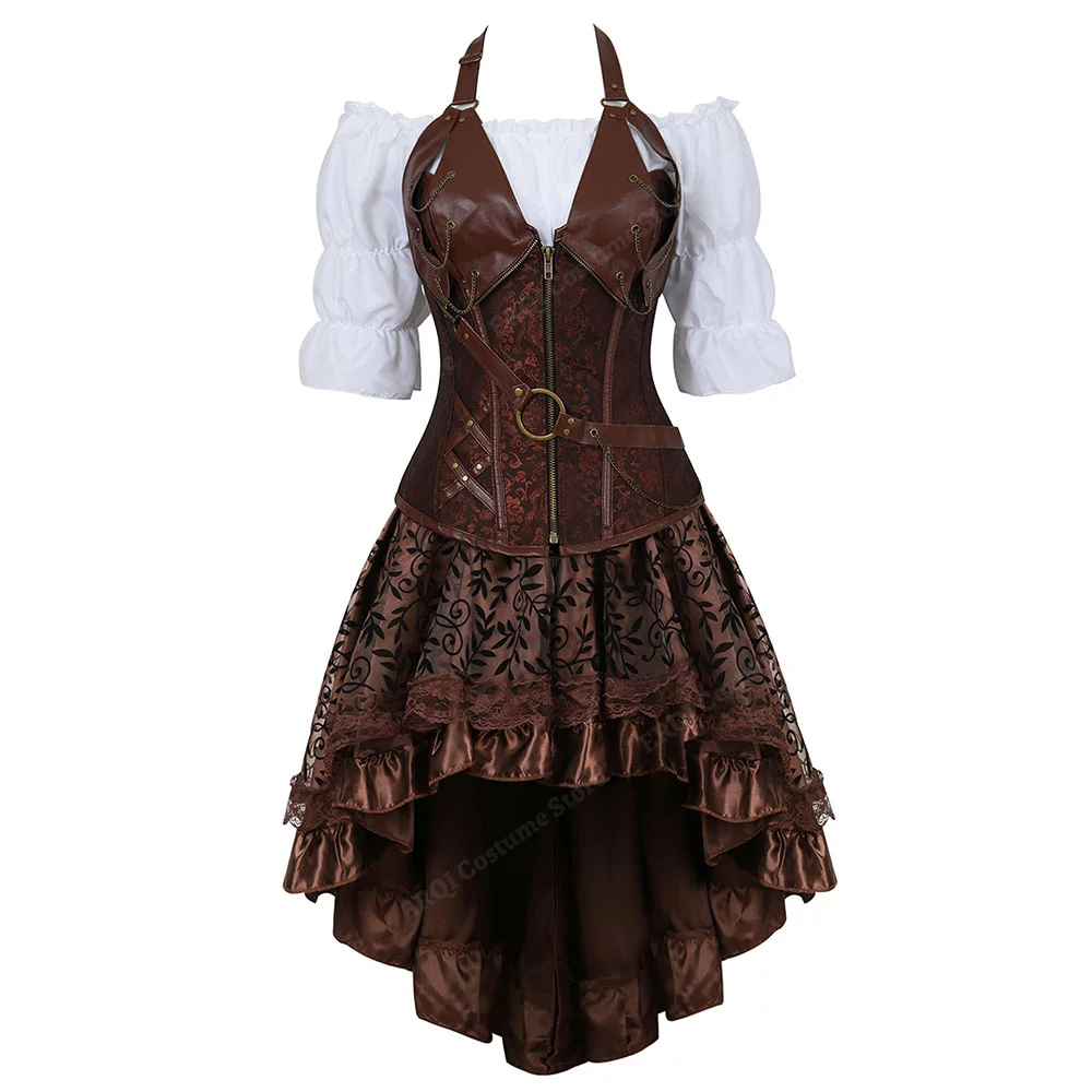 

Pirate Costume Woman Corset Dress Steampunk Outfit Woman Faux Leather Corset Top Pirate Blouse with Skirt Brown Plus Size