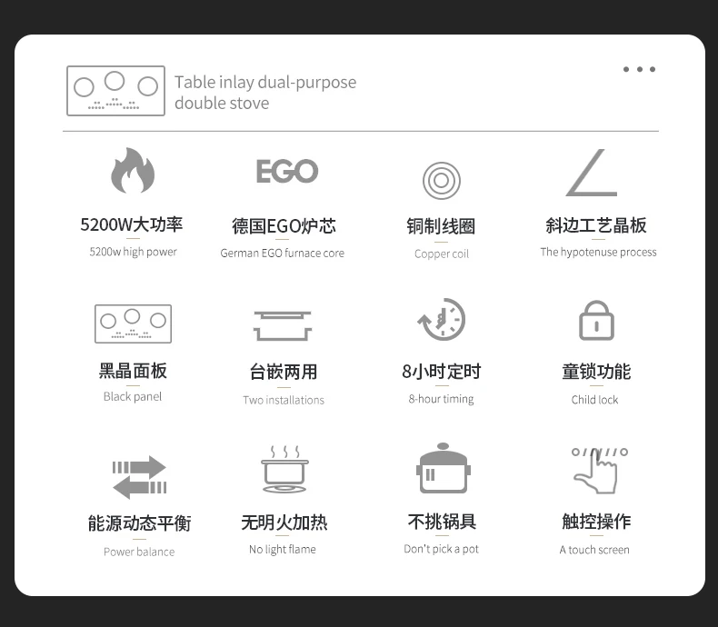 Description Picture 3 of itemThree Cooker Built-in Induction Cooker 5200W 3 Burner Induction Cooktop Kitchen 8 Hour Timing Induction Hob Touch Control 220V