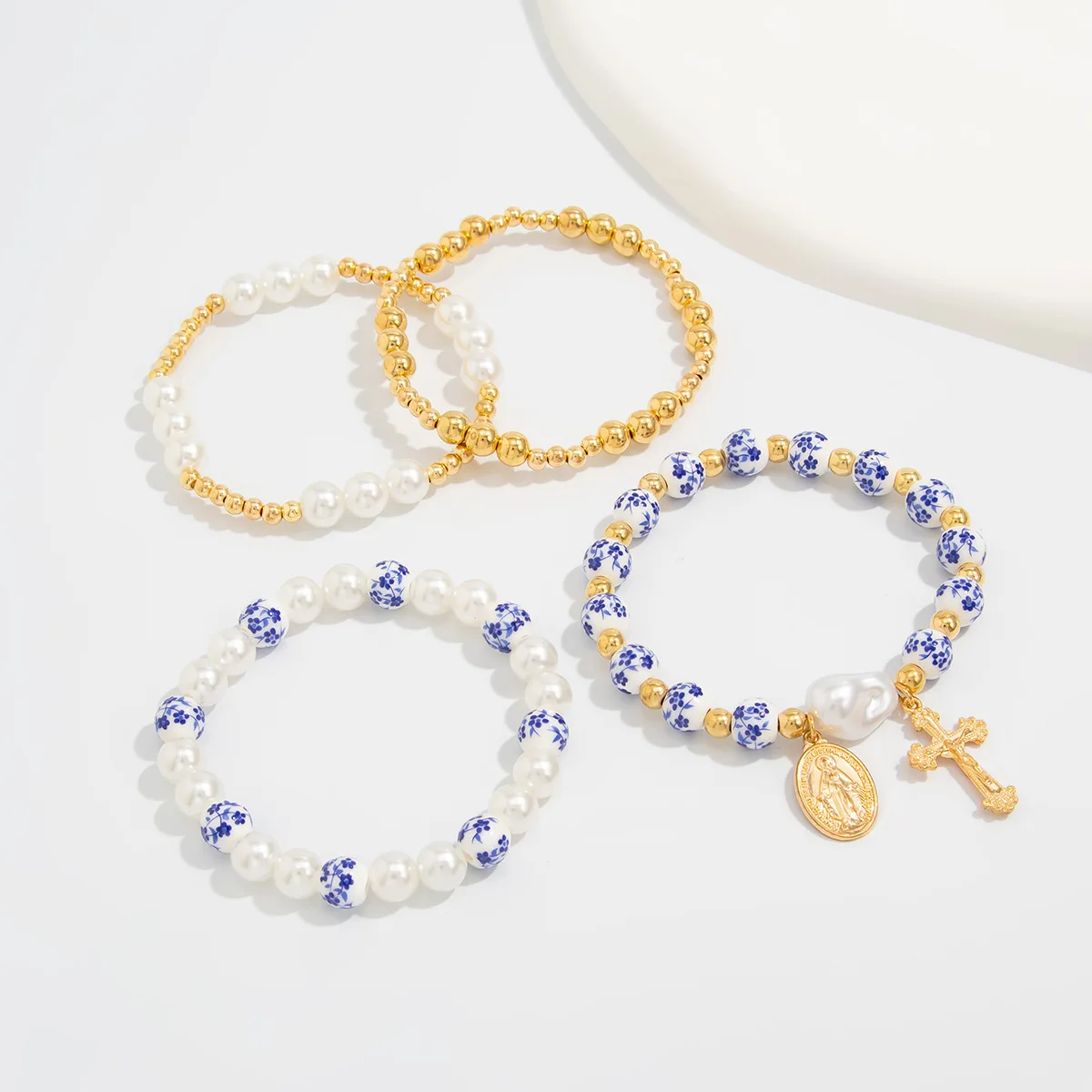 4pcs/set Blue and White Porcelain Round Bead Bracelet for Women Geometric Pearl Cross Hand Strings Fashion Jewelry Bijoux Femme