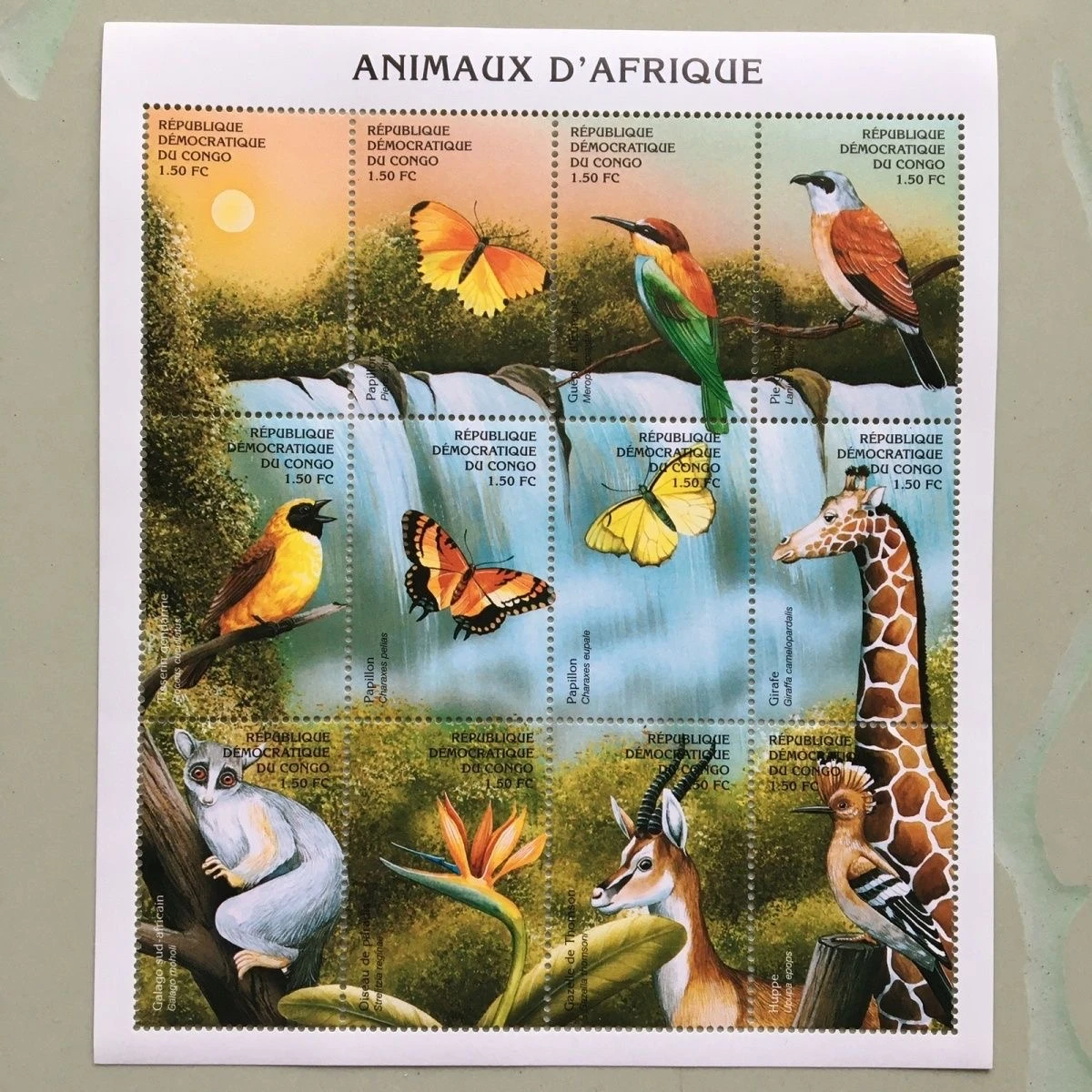Kongo-Poststempel, afrikanische Tiere, Vögel, Schmetterlinge, Giraffe, Nacht, Affe, 12, Sammlerstempel, Material für Scrapbooking – Detail 2