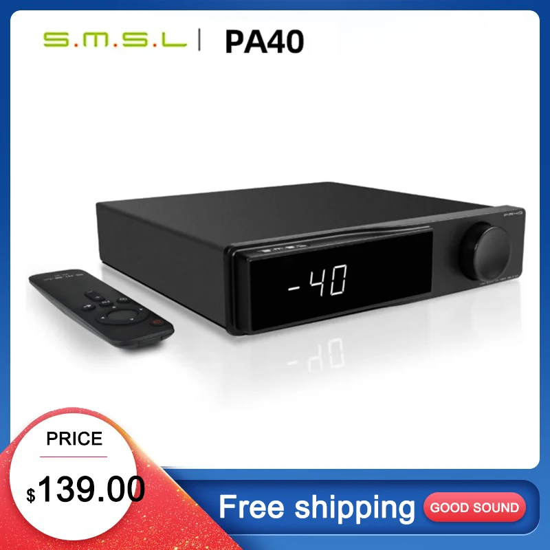 SMSL PA40 Digital Power Amplifier MA5332 Class D EQ Bass Treble Adjustment Romote Control Built-in Power Supply