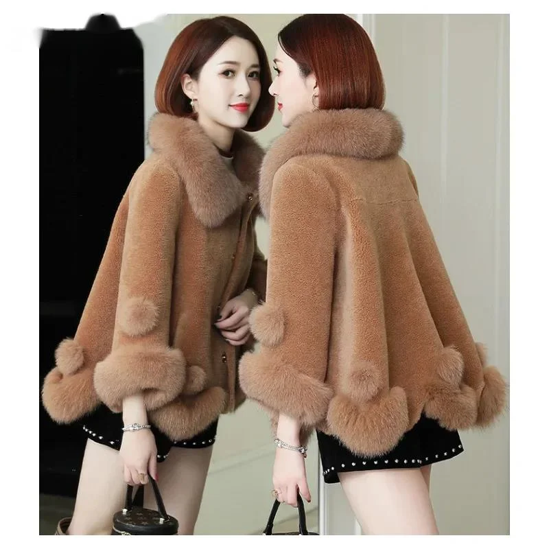 

2024Hot Sale Sheep Fleece Real Fur Coat Women's Coat Winter New in Outwear Women Fashion Fox Fur Collar Grain Pure Wool Jacket F