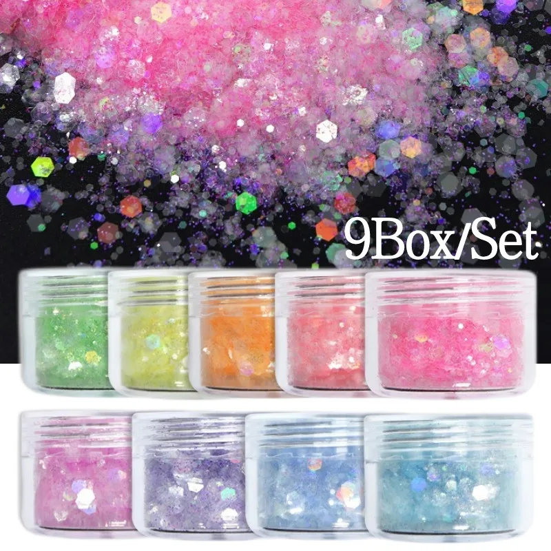 

9Box/Set Holographic Glitter for Nails Mixed Hexagon Accessories Shiny Laser Transparent Ultra-thin Flake DIY Craft Decoration