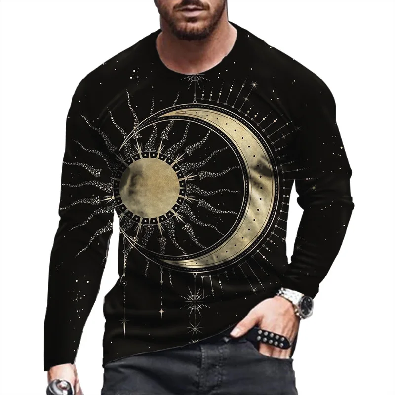 

Fashion Men's Y2K tops 3D Funny Moon Print Graphic t shirts Casual Trend New Long Sleeve Round Neck Men's Clothing T-shirt