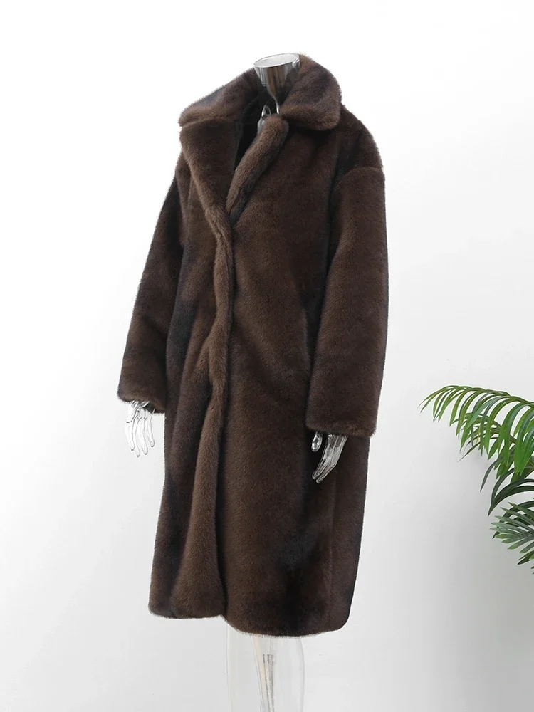 Women's Dark Brown Faux Fur Long Overcoat Single Breasted Fleece Long Trench Coat Winter Fluffy Plush Warm New Thicken Outerwear 5